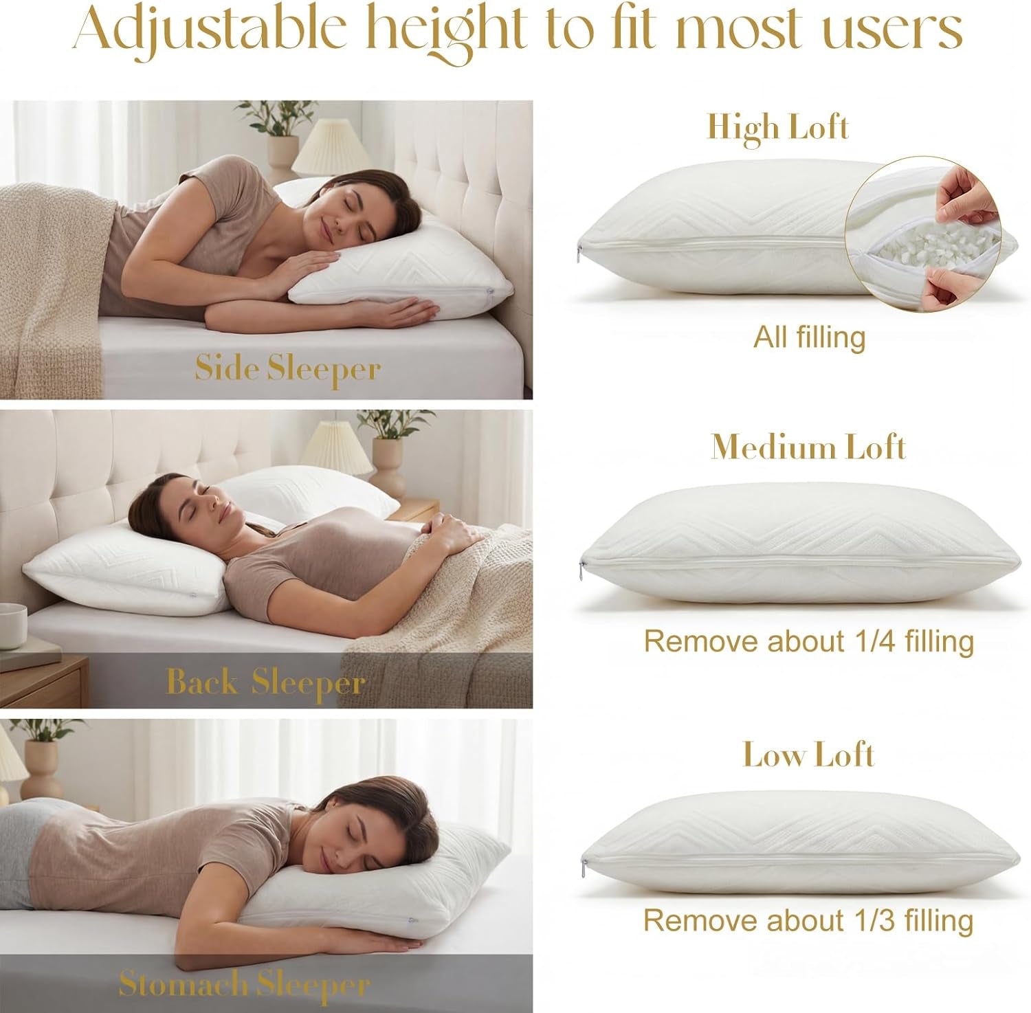 Adjustable Pillows, Queem Size Bed Pillows for Sleeping, Memory Foam Pillows - Medium Firm Back, Stomach and Side Sleeper Pillows