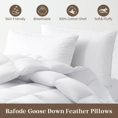 Goose down Feather Pillows, Soft Bed Pillows Queen Size Set of 2, 100% Soft Cotton Shell,Gusseted Hotel Pillows for Back, Stomach or Side Sleepers